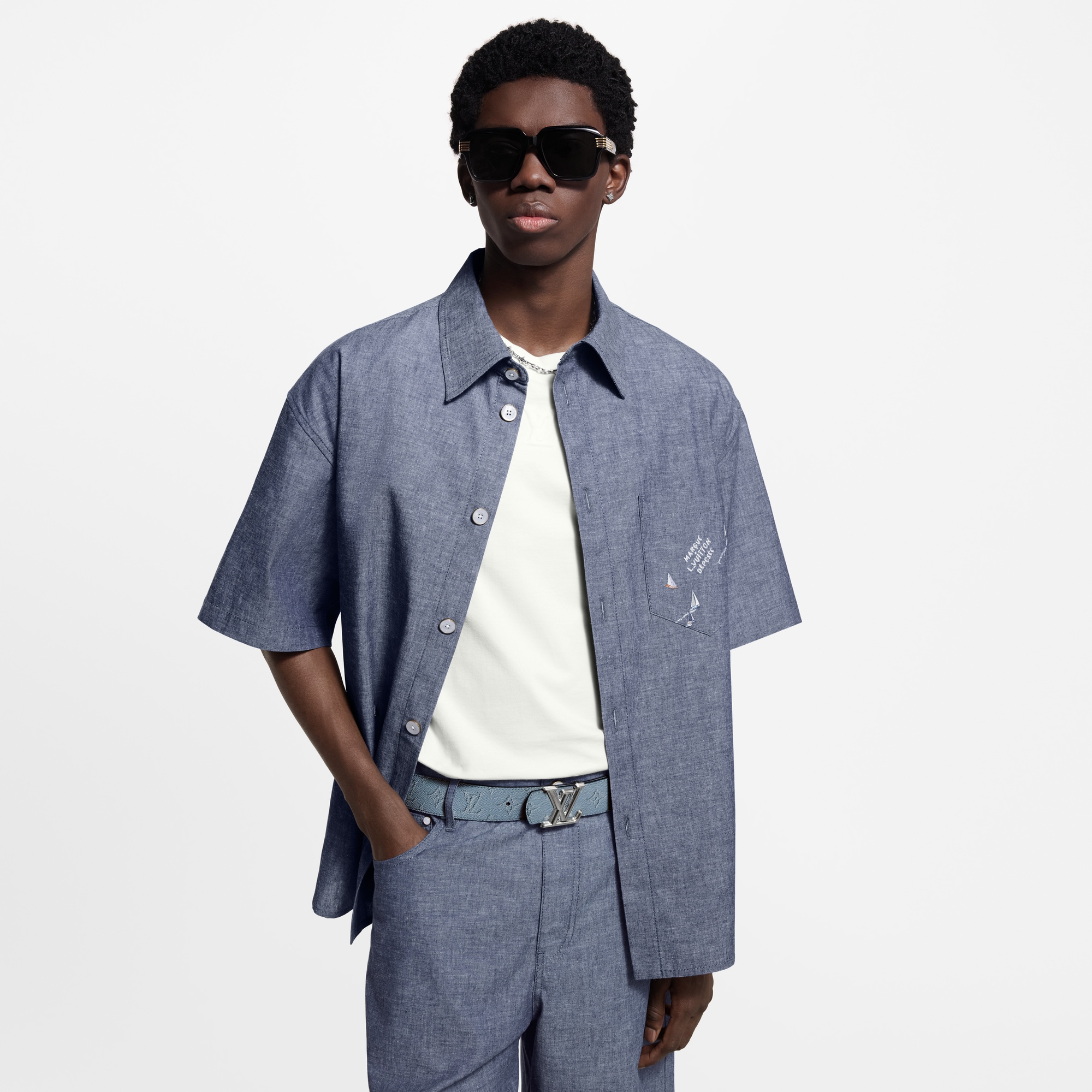 Embroidered Chambray Short-Sleeved Shirt - Ready-to-Wear 1AHVVU